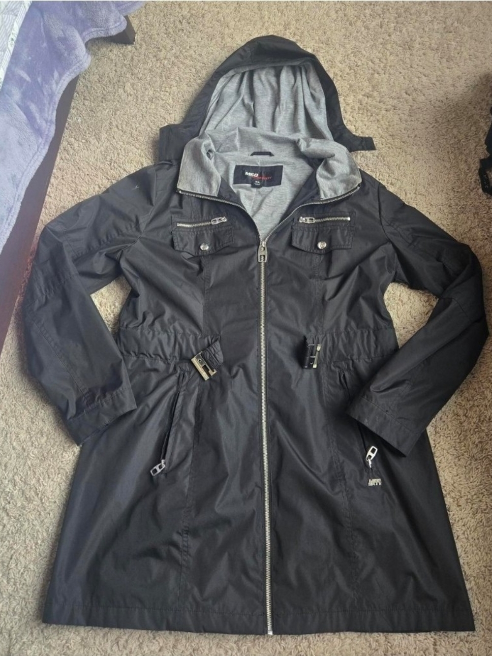 Miss Sixty Black Trench Coat with Gray Hood Lining